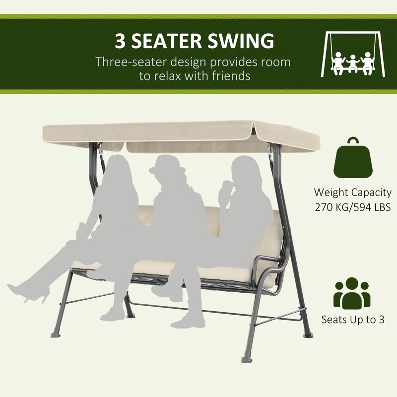 3-Seat Patio Swing Chair, Outdoor Canopy Swing with Adjustable Shade, Cushion, for Porch, Garden, Poolside, Backyard, Cream White
