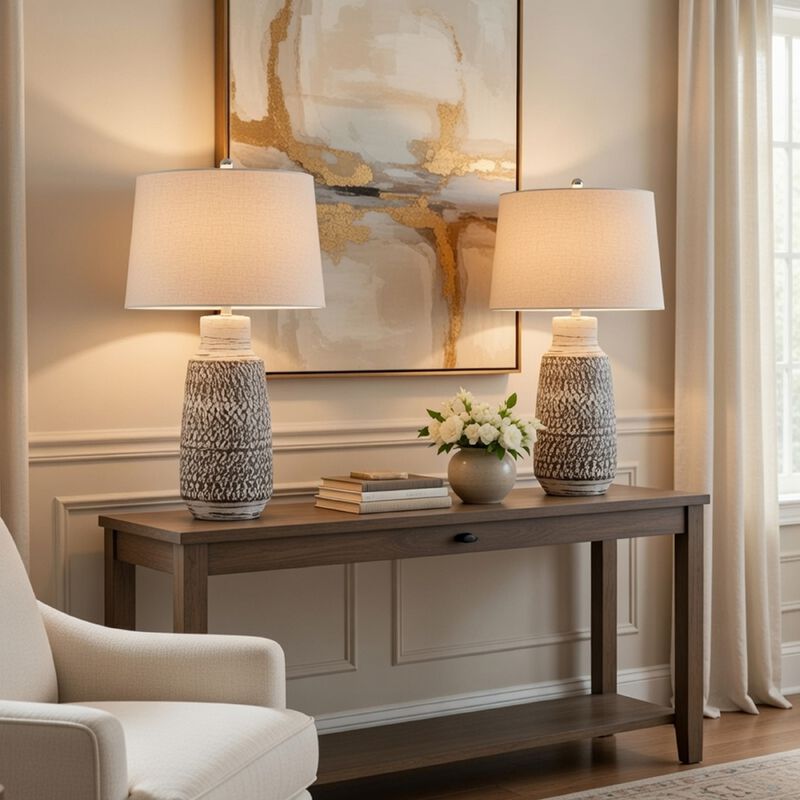 Bora Table Lamp Set of 2, Burlap Shade, Brown Ceramic, Distressed White image number 8