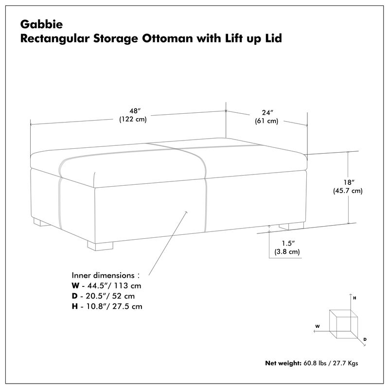 Gabbie 48 inch Wide Contemporary Rectangle Rectangular Storage Ottoman in Midnight Black PU Black faux leather, Assembled