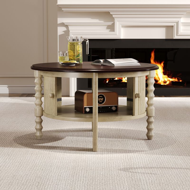 Merax 30.3" Vintage Round Coffee Table with Storage - Mid Century Modern Cocktail Table with Sliding Door & Slatted Design for Small Spaces