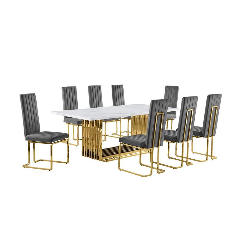9pc Large(79") marble top dining set with gold base and 8 Dark grey side chairs