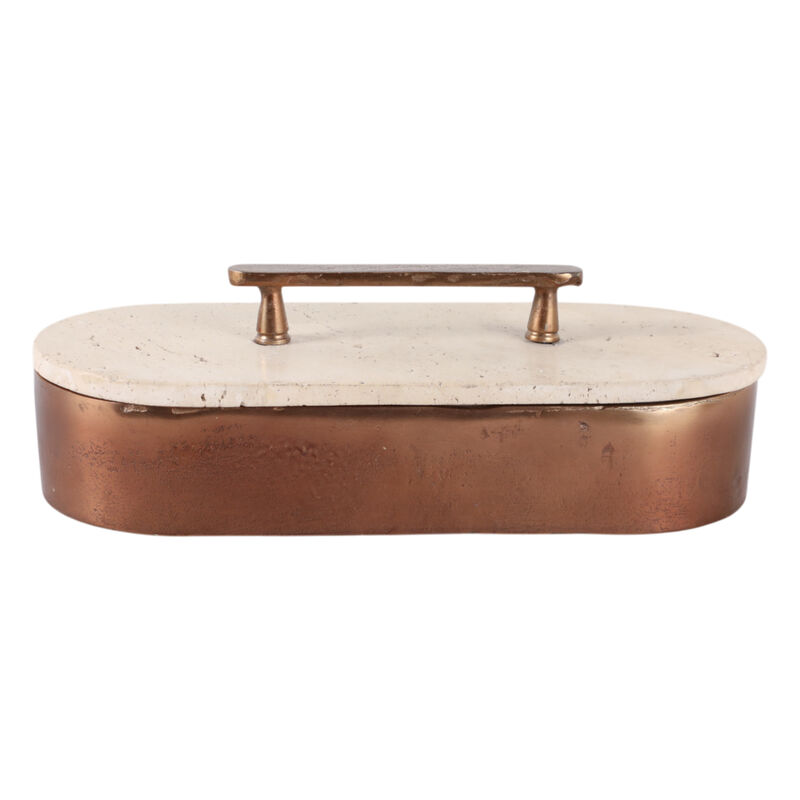12x6" Travertine & Antique Brass Oval Box, Tan/bro image number 2