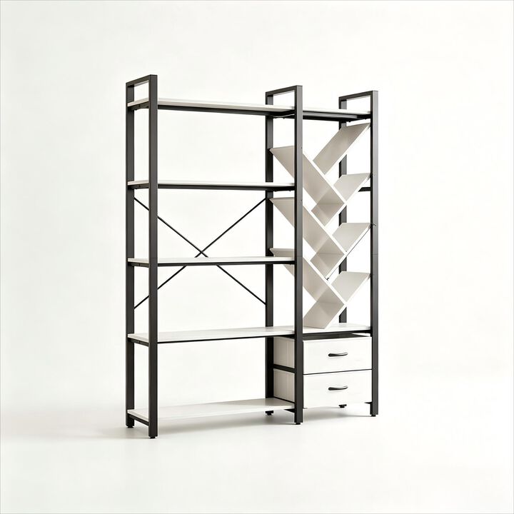 Bookshelf, 5 Tier Bookshelves with Tree Display Shelves, 65&rdquo; Tall Floor Standing Bookcase with 2 Drawers and 6 Adjustable Feet for Home, Office