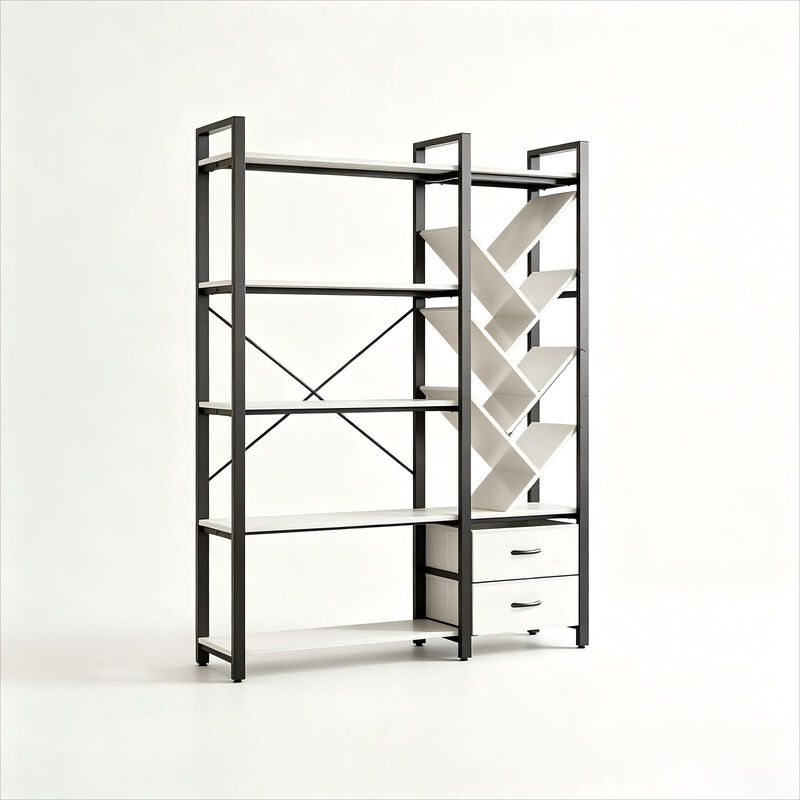 Bookshelf, 5 Tier Bookshelves with Tree Display Shelves, 65&rdquo; Tall Floor Standing Bookcase with 2 Drawers and 6 Adjustable Feet for Home, Office image number 0