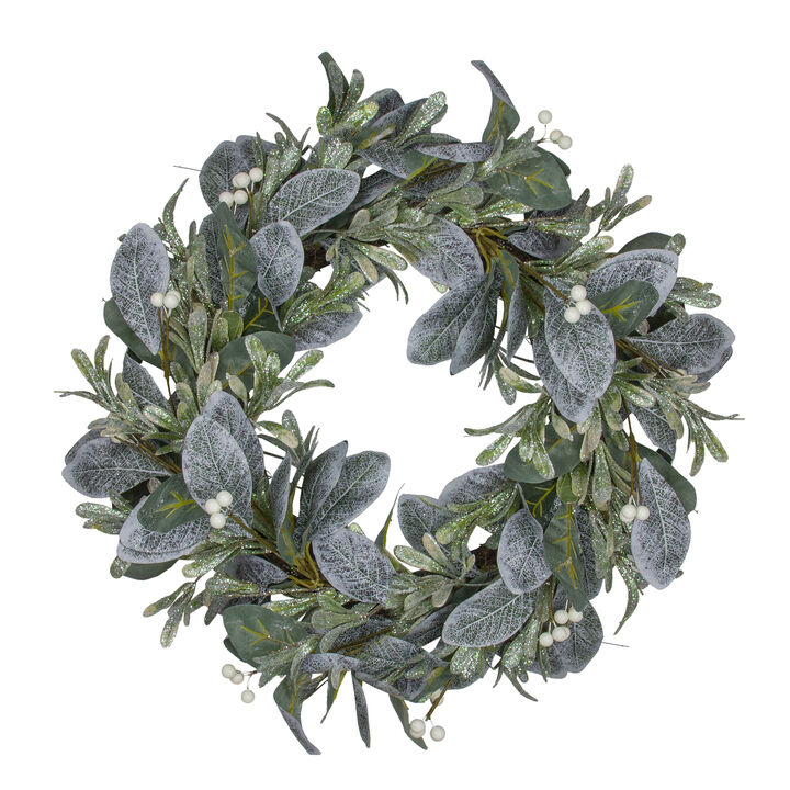 Iced Leaves and Winter Berries Artificial Christmas Wreath - 24 inch  Unlit