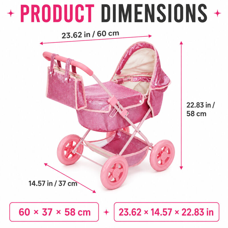 Olivia's Little World Baby Doll Bassinet Pram with Cover, Glitter Pink Doll Stroller with Retractable Canopy, Handle and Under Pram Storage for Doll Accessories image number 6