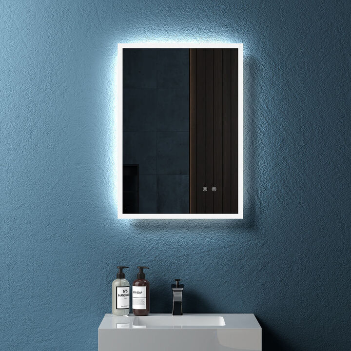 20" Modern Wall Mounted LED Backlit Anti-Fog Rectangular Bathroom Mirror with Temperature Adjustable and Memory Function Touch Switch