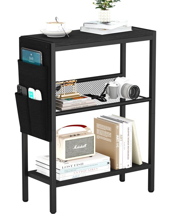 Yusong Small Narrow Side Table for Small Spaces, Slim End Table with Storage Bag, Sofa Snack Table with Adjustable Metal Mesh, 3