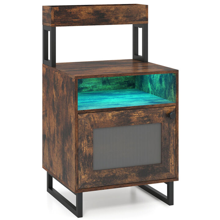 Modern End Table with LED Lights, Open Compartment and Storage Cabinet