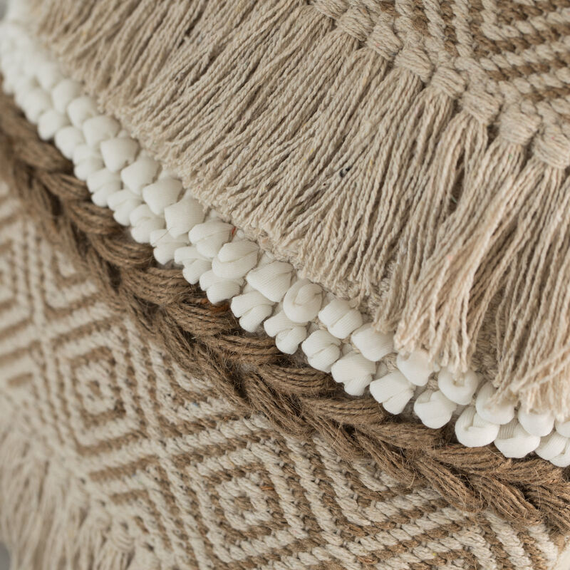 16" Handwoven Cotton Throw Pillow Cover with Embossed White Dots and Natural Fringed Pattern, Natural