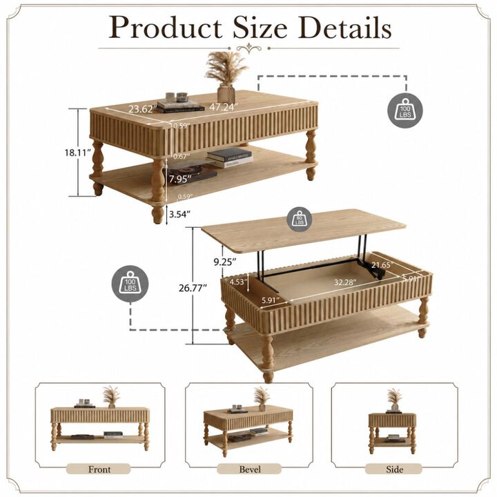 GOODSILO 47.24 Inch Lift Top Coffee Table, Solid Wood Construction, Tool-Free Assembly, Fluted Details, Roman Legs, Dual Storage for Living Room Furniture