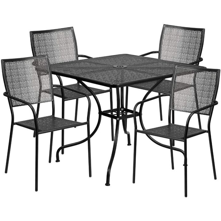 Flash Furniture Oia Commercial Grade 35.5" Square Black Indoor-Outdoor Steel Patio Table Set with 4 Square Back Chairs