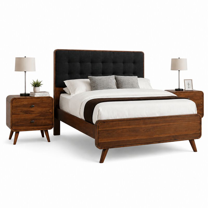 Queen Bedroom Set, Gray, Brown Wood, 3 Piece Set with 2 Nightstands image number 0