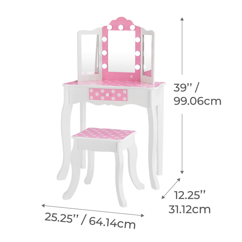 Fantasy Fields Gisele Polka Dot Kids Play Vanity Table & Stool with LED, White & Pink image number 2