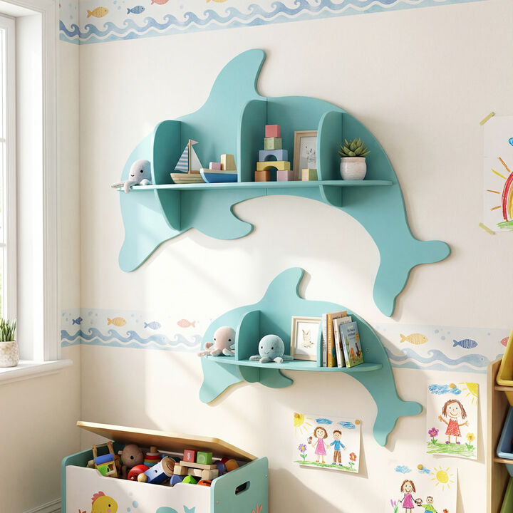 Set of 2 Wall Mounted Dolphin Shelves for Kids Room Decor and Storage-Blue