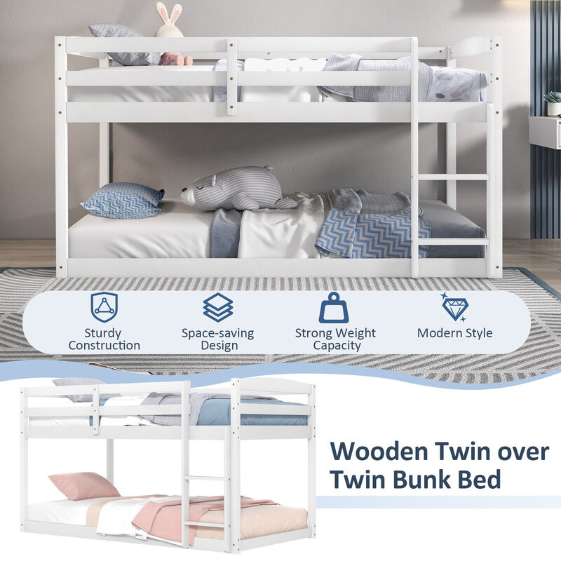 Twin Size Bunk Bed with High Guardrails and Integrated Ladder-White