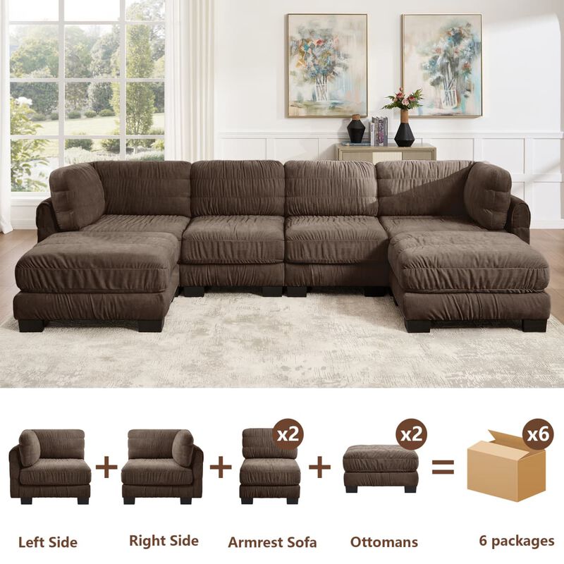 4 seat modular sectional sofa, Chenille L shaped sectional couch with ruched detailing, Modular sectional with 2 movable ottomans image number 5