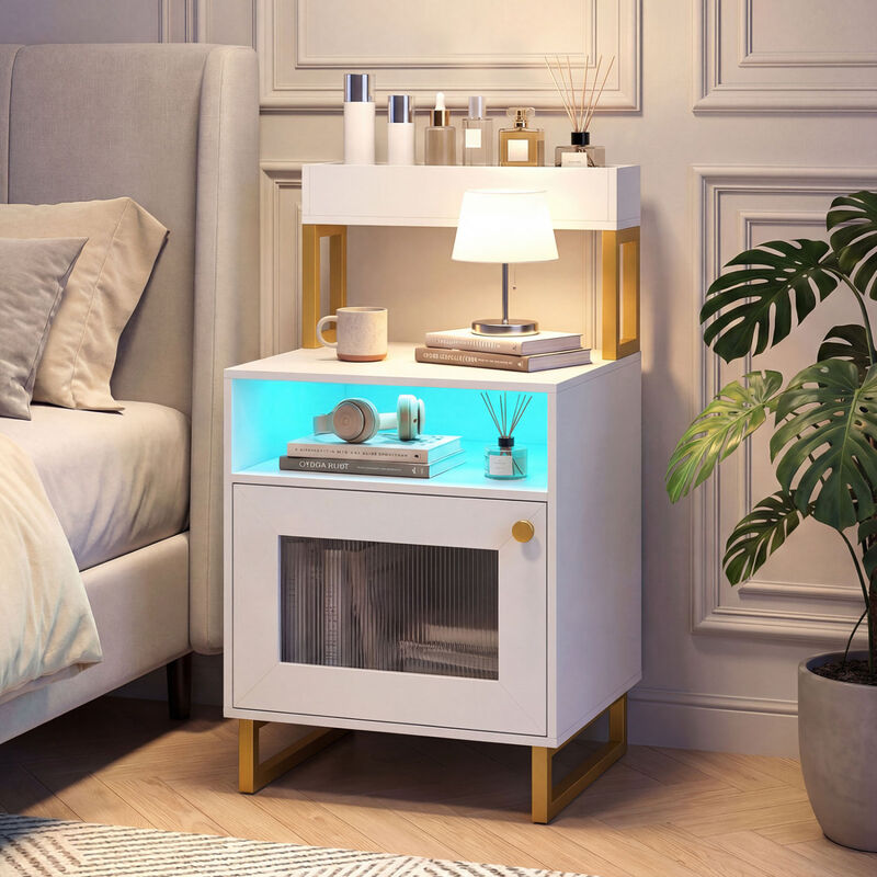 Modern End Table with LED Lights, Open Compartment and Storage Cabinet image number 5