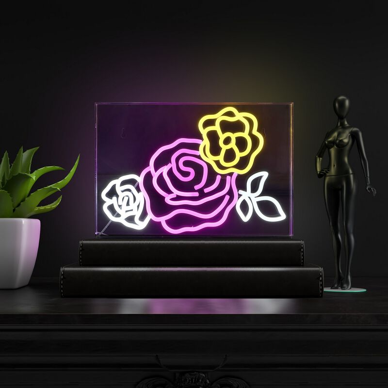 Crowd Of Roses 15" X 10.3" Contemporary Glam Acrylic Box USB Operated LED Neon Light