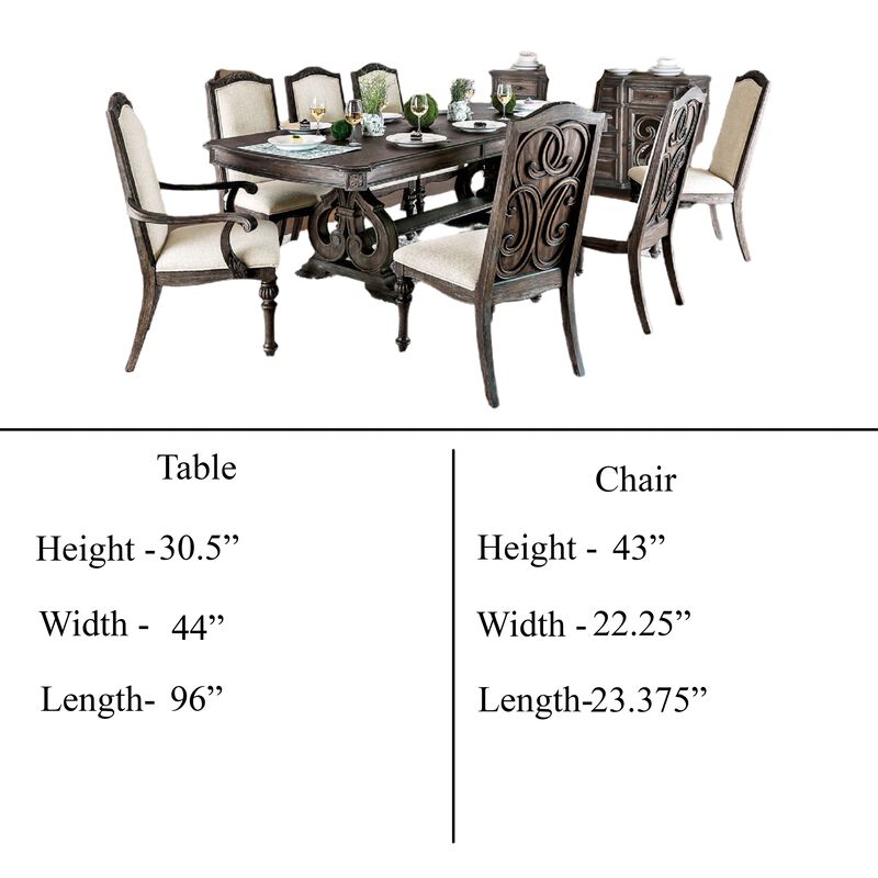 Arca 9pc Dining Table Set with 8 Ivory Fabric Chair, Rustic Solid Wood - Benzara