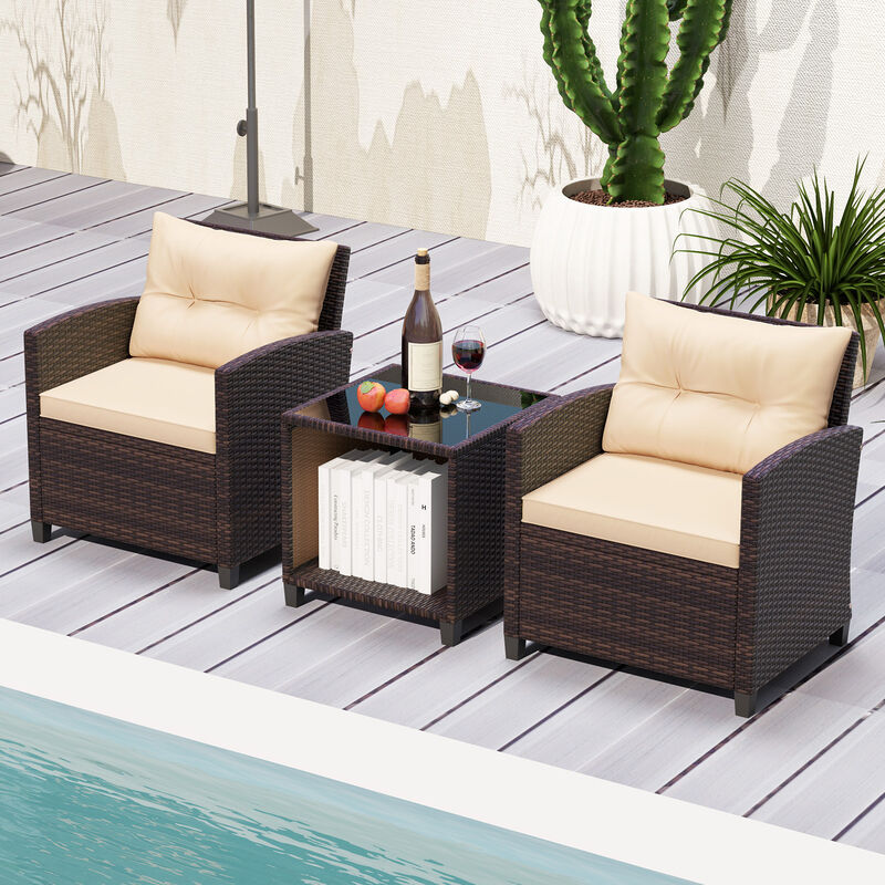 3 Piece Patio Sofa Set Wicker Chairs and Coffee Table with Storage
