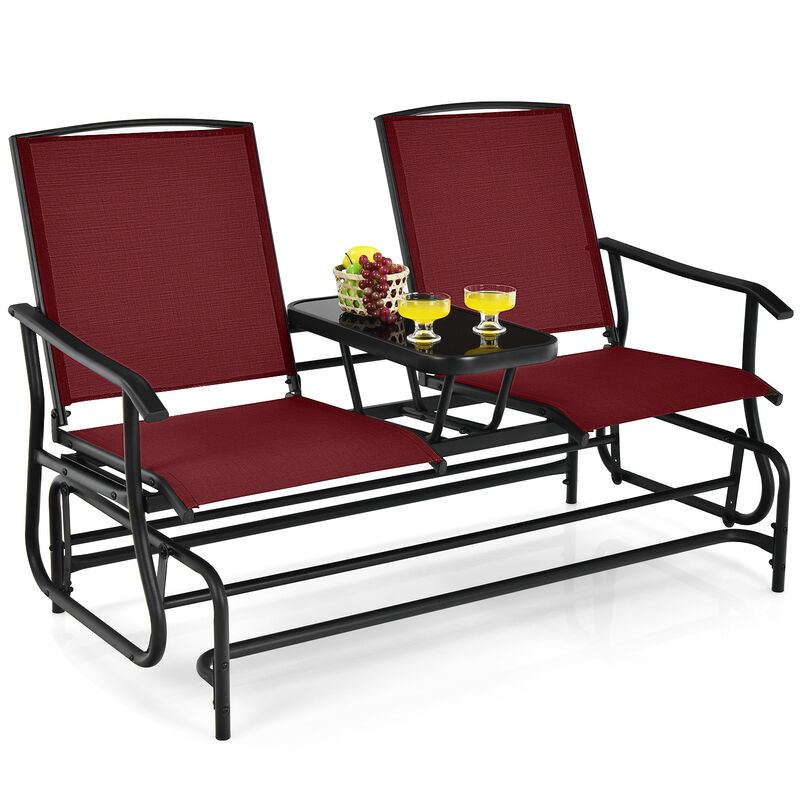 2-Person Double Rocking Loveseat with Mesh Fabric and Center Tempered Glass Table