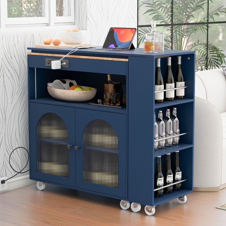 Rolling Kitchen Island With Extended Table, Kitchen Island on Wheels with LED Lights, Power Outlets and 2 Fluted Glass Doors, Kitchen Island with a Storage Compartment and Side 3 Open Shelves, Navy