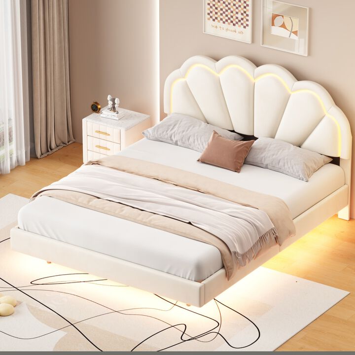 Queen Upholstered Smart LED Bed Frame with Elegant Flowers Headboard, Floating Velvet Platform LED Bed with Wooden Slats Support, Beige