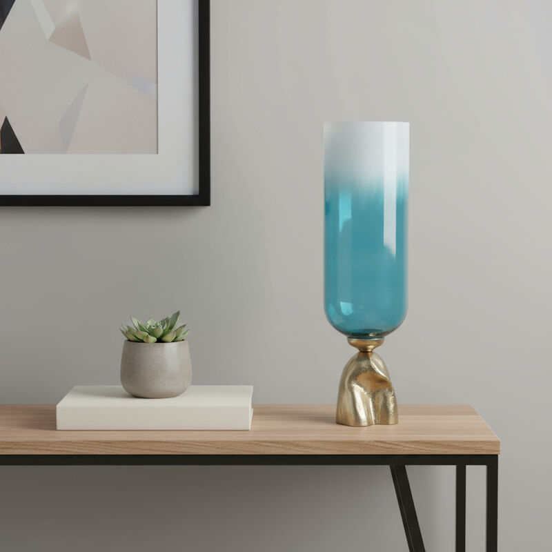 HomeRoots 21" Blue White And Gold Ombre Glass And Aluminum Pedestal Table Vase image number 1