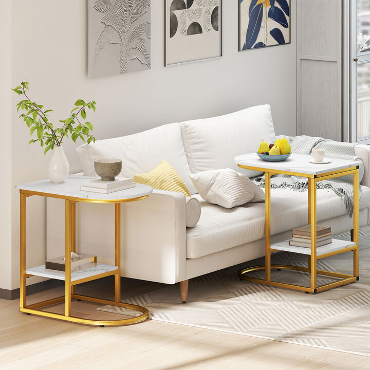 Set of 2 Modern C-Shaped Side Table with Storage Shelf for Sofa Use
