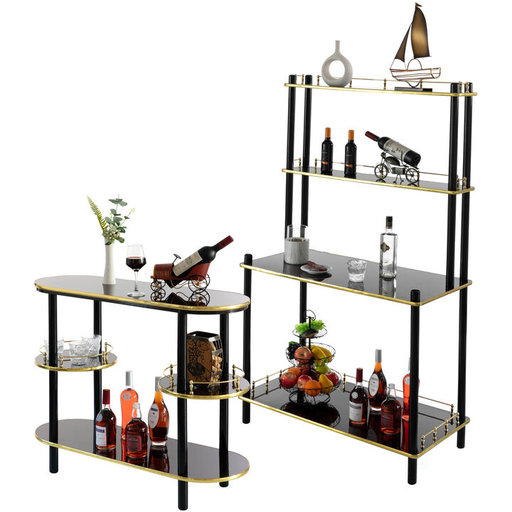 Set of 2 Pieces, Bartender Serving Display Station, Bar Console Working Counter with Open Shelves, Bar Console Island with Tier Shelves for Glass and Bottles, Wood, White