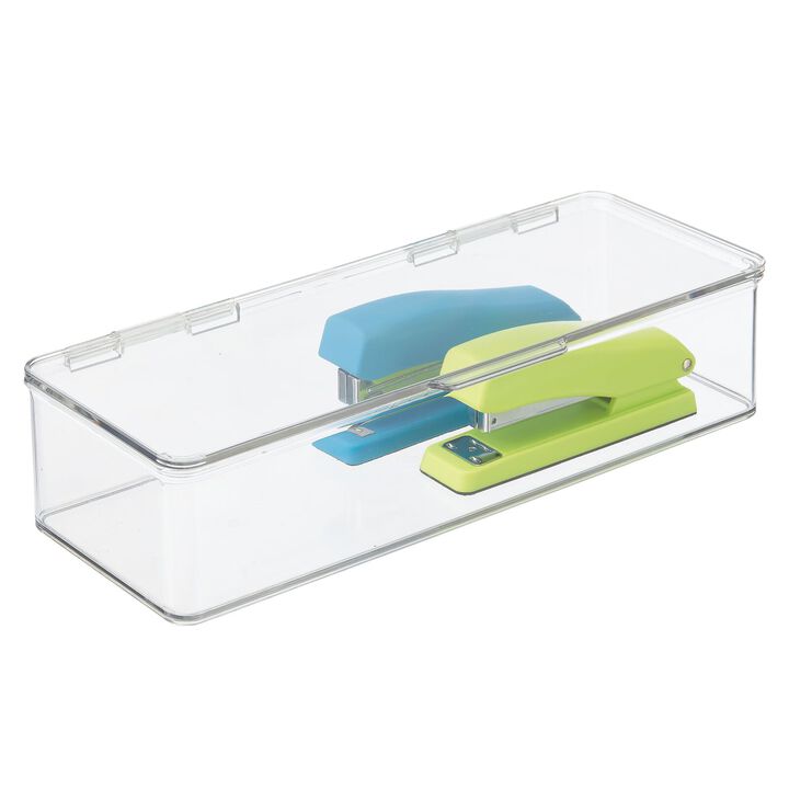 mDesign Long Plastic Home Office Storage Organizer Box with Hinged Lid - Clear