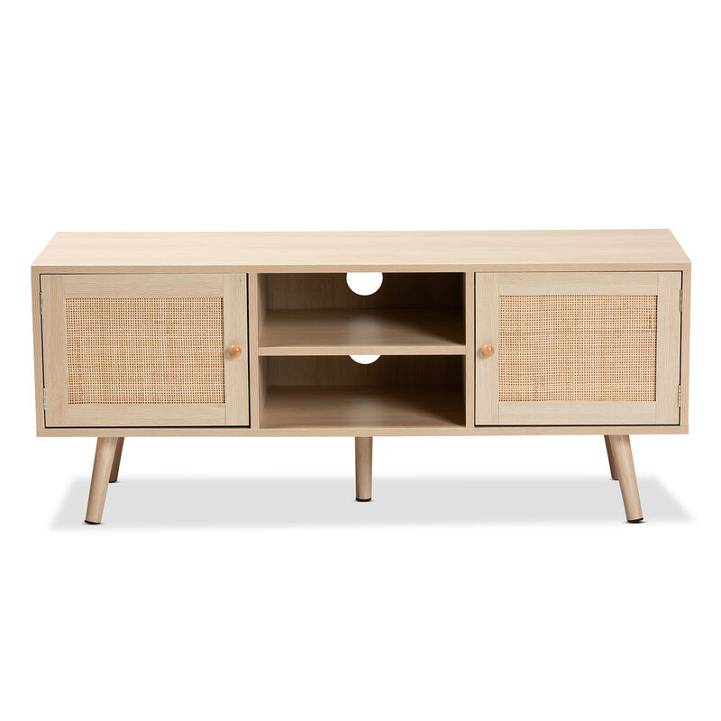 Baxton Studio Sebille  Light Brown Finished Wood 2 Door TV Stand with Natural Rattan image number 3