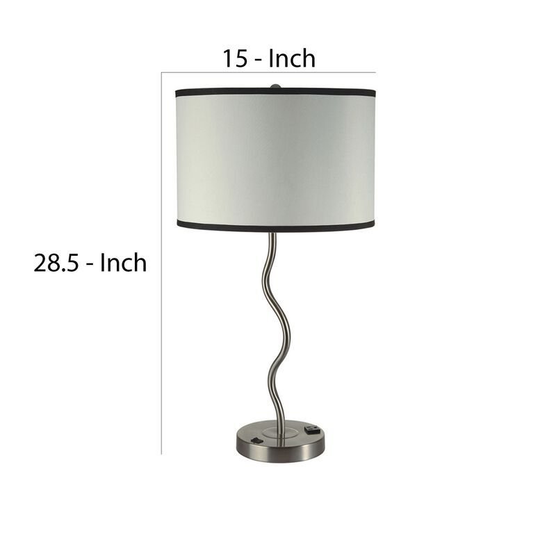 29 Inch Round Drum Shade Table Lamp, Curved Tubular Frame, Silver - Benzara