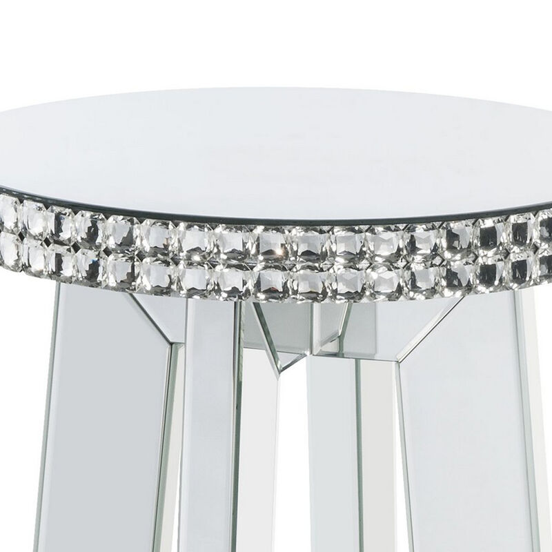 Round Mirror Panel Inlay End Table with Faux Crystals Accents, Silver-Benzara