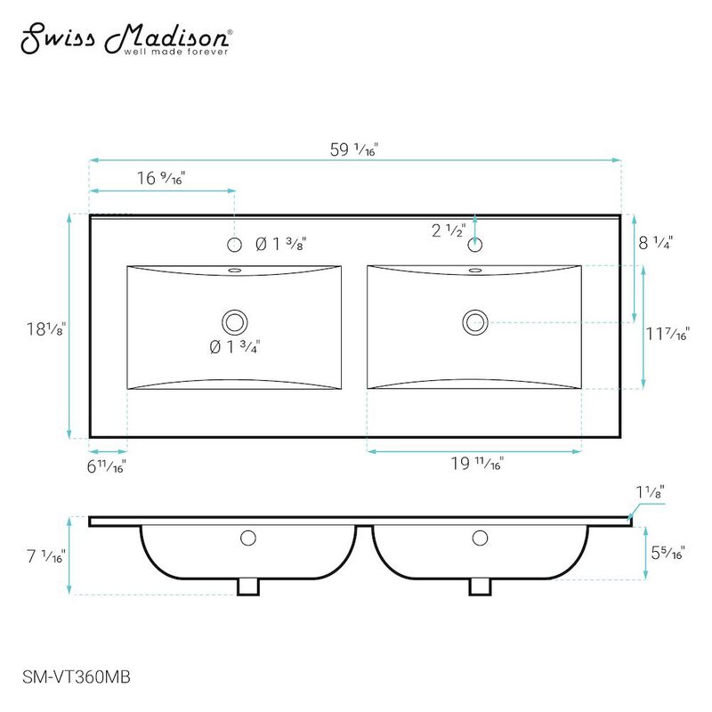 60 inch Vanity Top Bathroom Sink in Matte Black image number 3