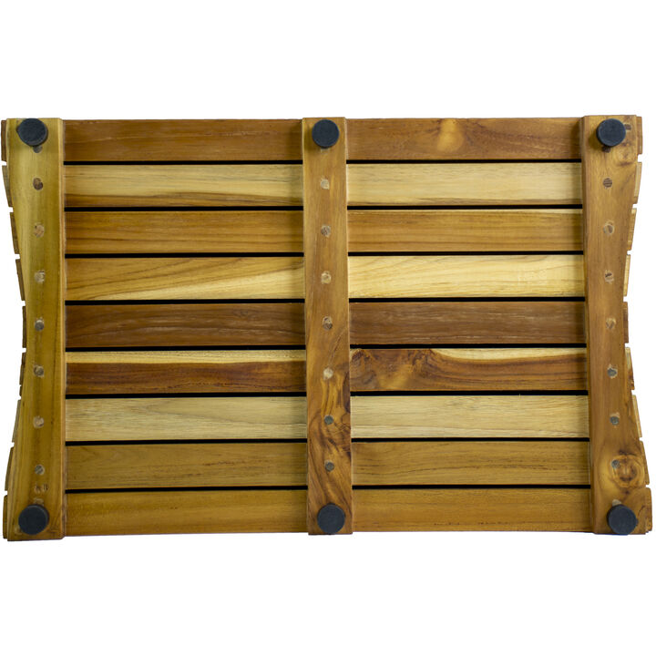 The EcoDecors Eleganto 23" x 15" Slatted Solid Teak Bath Floor Mat in EarthyTeak Finish