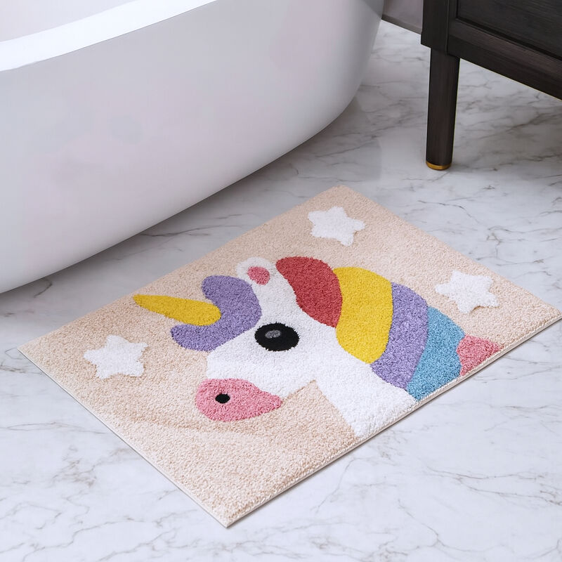 HomeRoots 32" Pink And Yellow Cotton Unicorns Youthful Bath Rug image number 1