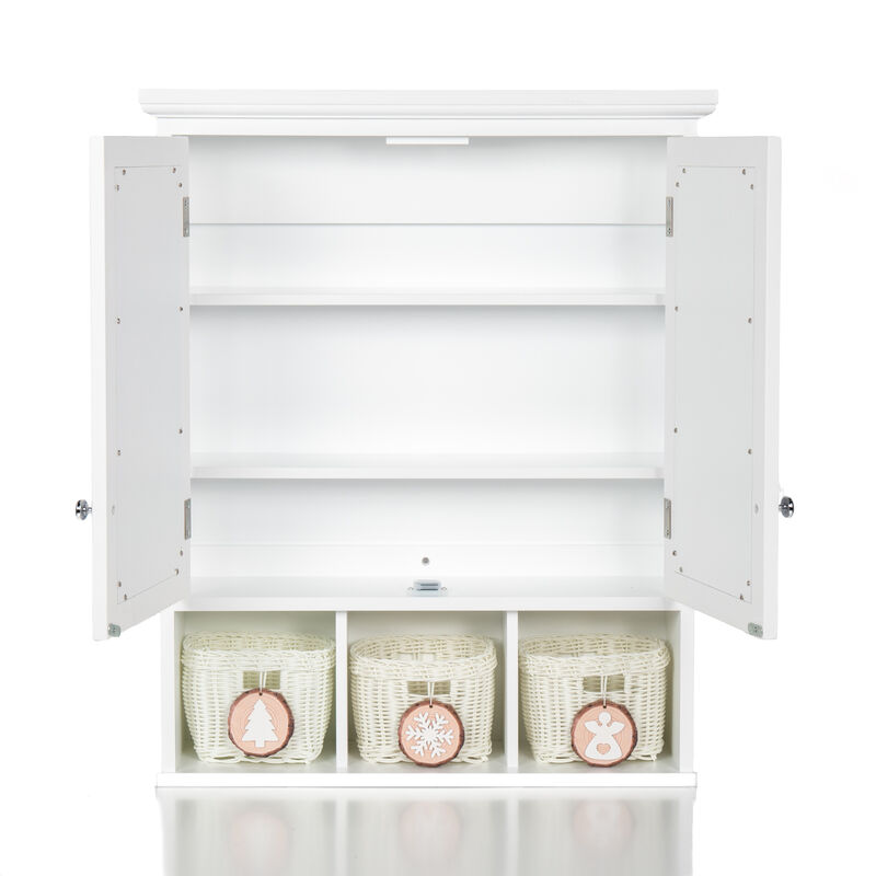 Streamdale White Wood Wall Cabinet with Mirrored Doors & Storage Baskets image number 6