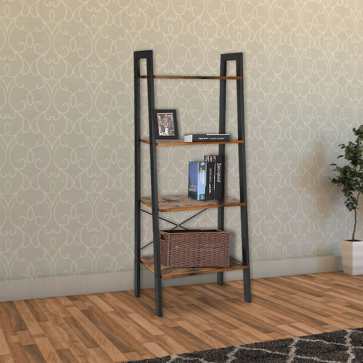 Four Tiered Rustic Wooden Ladder Shelf with Iron Framework, Brown and Black-Benzara