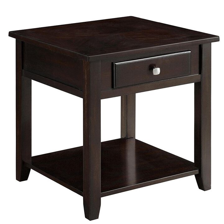 Wooden End Table With Drawer and Bottom Shelf, Walnut Brown-Benzara