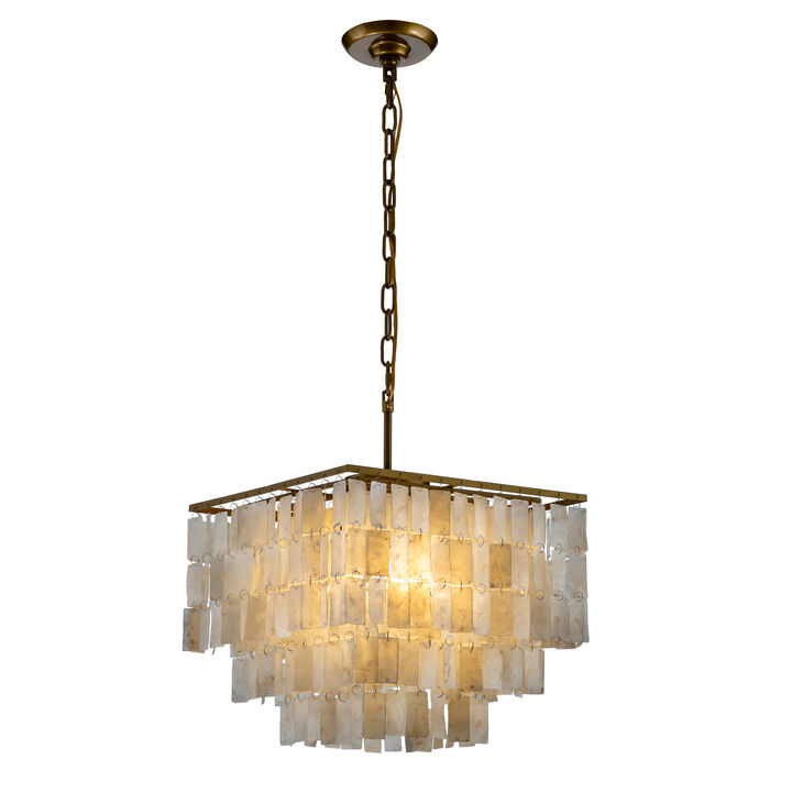 3-Light Unique/Statement Square Coastal Natural Capiz Shell Tiered Chandelier