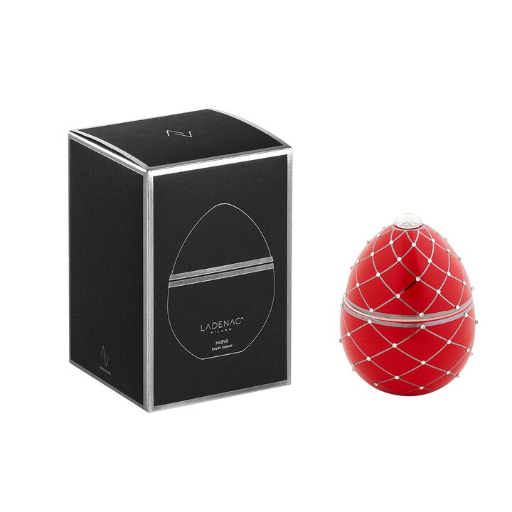 Candle in Ceramic Egg BOIS DE ROUSSIE 7 oz Red Silver Stripes 5.12 diam. x 6.5 in
