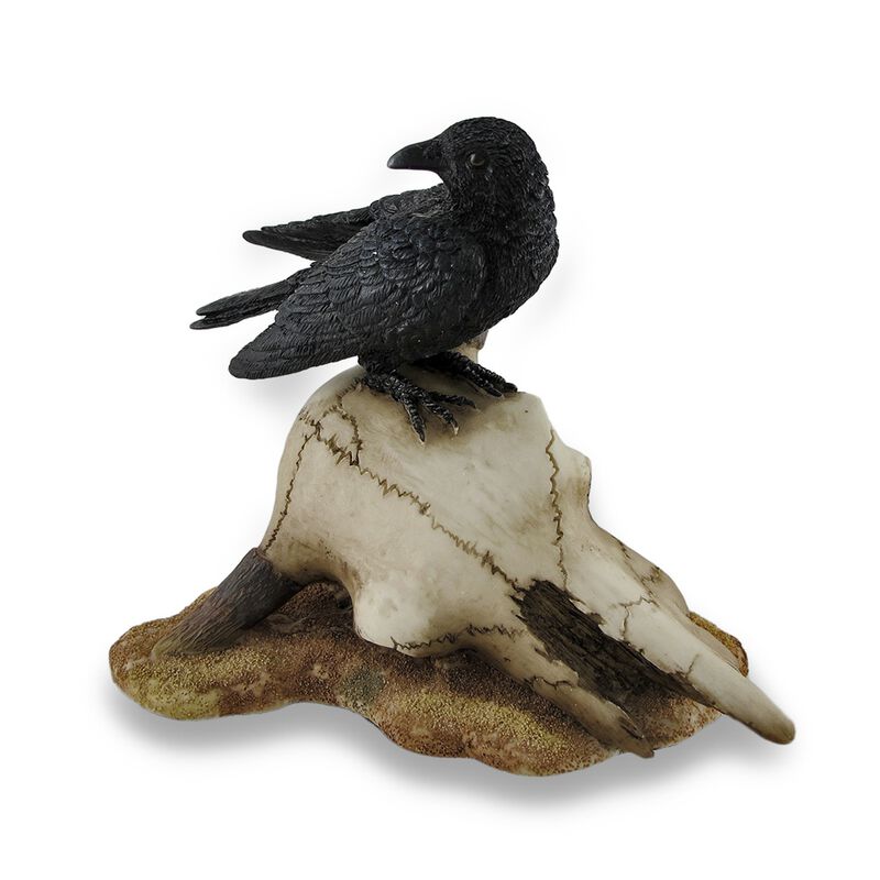 Black Crow Perched On Longhorn Skull Sculptural Figurine image number 0