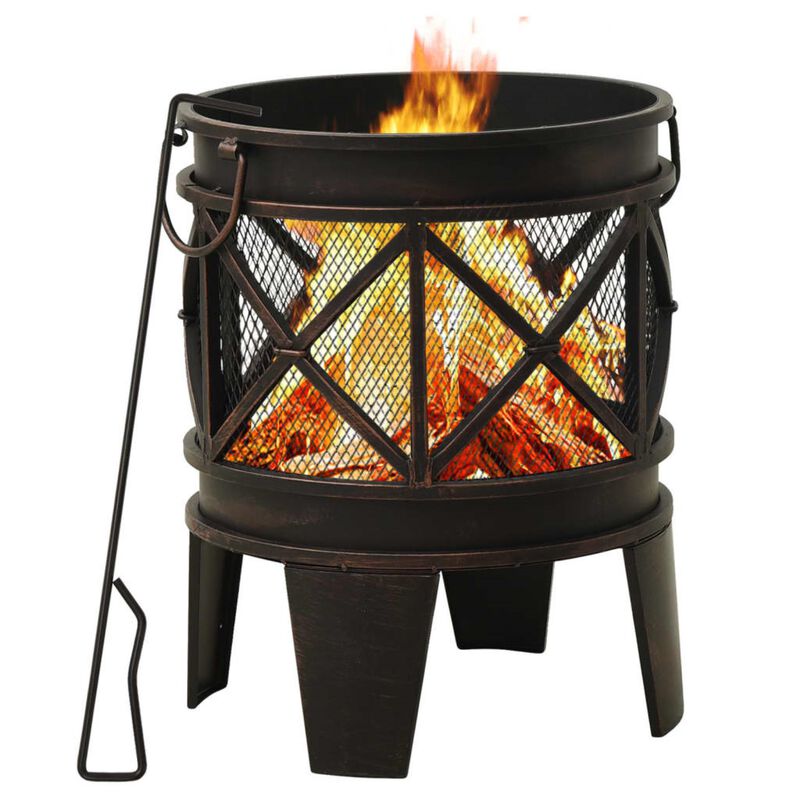vidaXL Rustic Outdoor Fire Pit with Poker, Rust-Resistant and Heat-Resistant Painting, Durable Steel Construction, Large Fire Bowl
