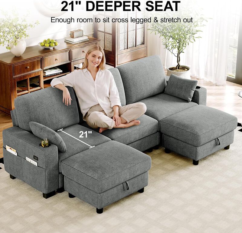 Vipbear 100" Modular Sectional Sofa Chenille 5 Seater U Shaped Couch with Moveable Ottoman image number 5