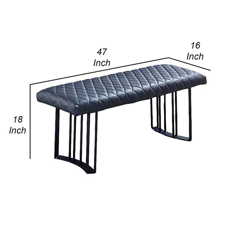 Ela 47 Inch Modern Dining Bench, Blue Gray Vegan Leather, Black Metal Frame