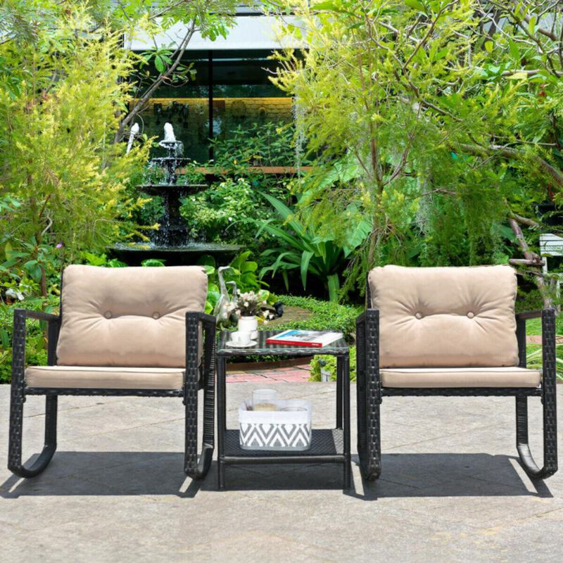 Hivvago 3 Pieces Cushioned Patio Rattan Set with Rocking Chair and Table