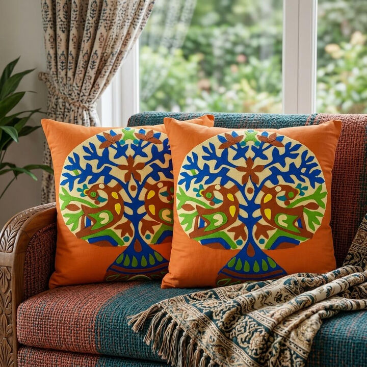 HomeRoots Set of Two 16" Orange And Blue Patchwork Tree Cotton Throw Pillows with Applique And Embroidery