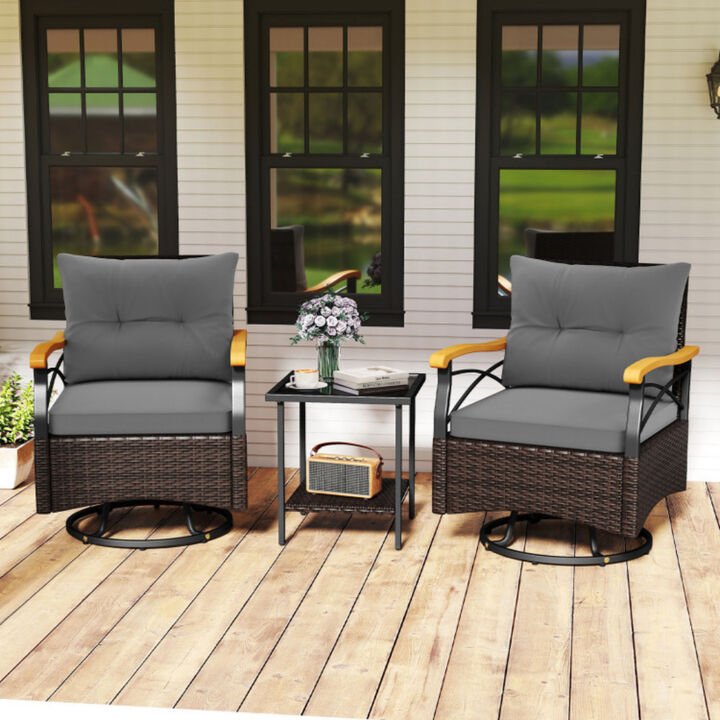 Outdoor Swivel Chair Set 3 Piece with Tempered Glass Side Table